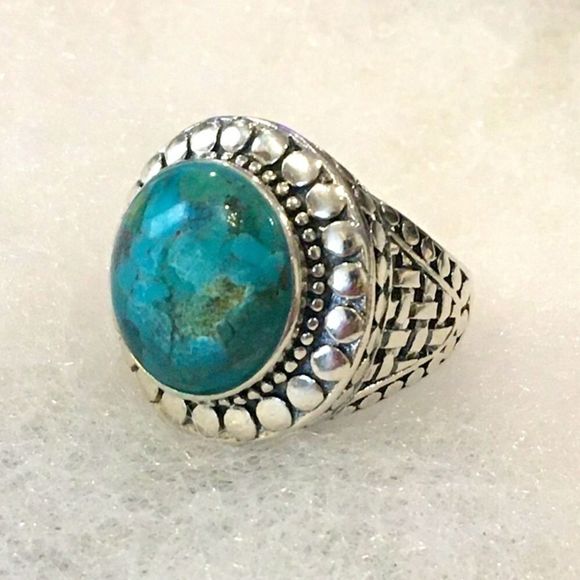Turquoise Cabochon and Sterling Silver Basket Weave Ring Sz 7 or Sz 8 - Picture 2 of 12